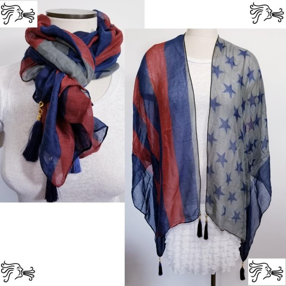 Navy deep red Flag Kimono Detachable Tassel Scarf